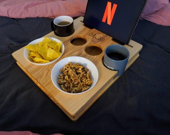 chillBar wooden sofa tray with drink holders snack bowls tablet and phone slots