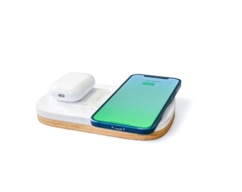 Dual wireless MagSafe charging stand for smartphone and AirPods or two phones - premium edition made with acrylic stone and solid wood