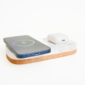 Duo wireless charging pad for smartphone and AirPods or two phones - premium edition made with acrylic stone and solid wood