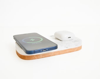 Duo wireless charging pad for smartphone and AirPods or two phones - premium edition made with acrylic stone and solid wood