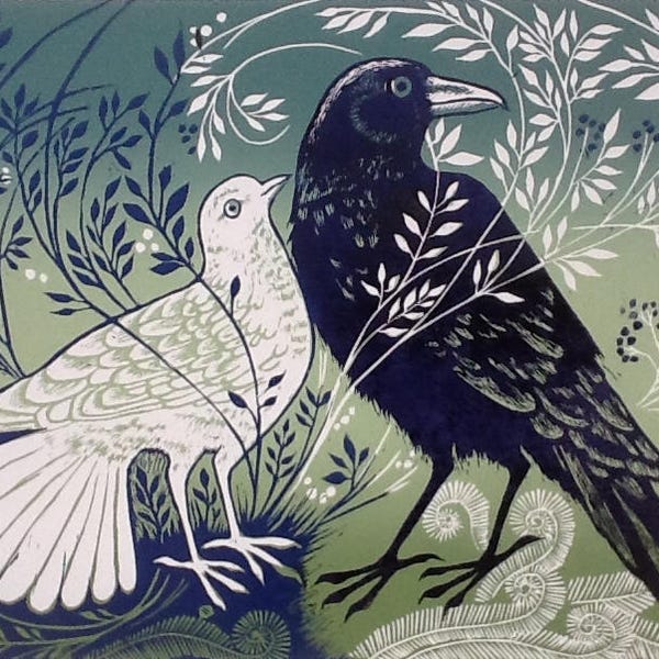 The Raven and the Dove,Opposites,Black and White, Lino cut, Two birds card, Raven card,Dove card, Lino print card, Lino print, Harmony