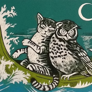 Chouette et la carte Pussycat, impression de la chouette et le Pussycat, impression Lino, poème d'enfance, Edward Lear, carte d'artistes uniques, carte vierge