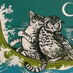 Owl and the Pussycat card, Owl and the Pussycat print, Lino print, Childhood poem, Edward Lear, Unique artists card, Blank card