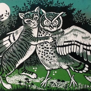 Cartão de dança Coruja e a Gatinha, estampa de Coruja e Gatinha, estampa de lino, poema de Edward Lear, poema infantil, estampa de Lino, cartão de coruja, cartão de Gatinha