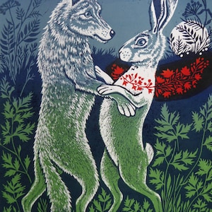 Walzer mit einem Wolf Karte, Wolf Karte, Hase Karte, einzigartige Künstler-Karte, leere Karte, handgemachte Karte, Lino Druckkarte, Kinder-Karte, Erwachsenen-Karte,