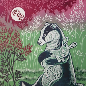 Perdido e então encontrado, cartão de texugo e coelho, impressão Lino, cartão de artista exclusivo, cartão em branco, cartão de coelho, cartão de texugo, cartão de floresta, cartão de amor
