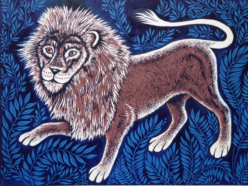 Lion and Leaves card,lion and Leaves print,Lino print,African animal,Story card,Animal card,Children/'s card,Adult card,Unique artists card