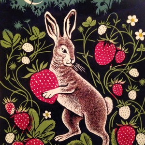 Der Erdbeerdieb,Hase Karte,Erdbeer karte,Blanko Karte,Erdbeerdieb Linol Druck Karte,Einzigartige Künstler Karte,Hase Druck