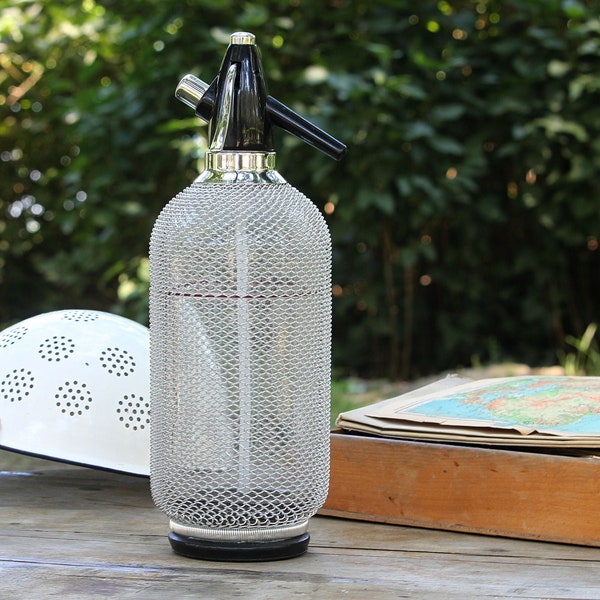 Wire Mesh Soda Siphon - Sparklets Seltzer Bottle - Vintage Soda Bottle - Braided Metal Soda Siphon - Glass Siphon - Vintage Bar Decor