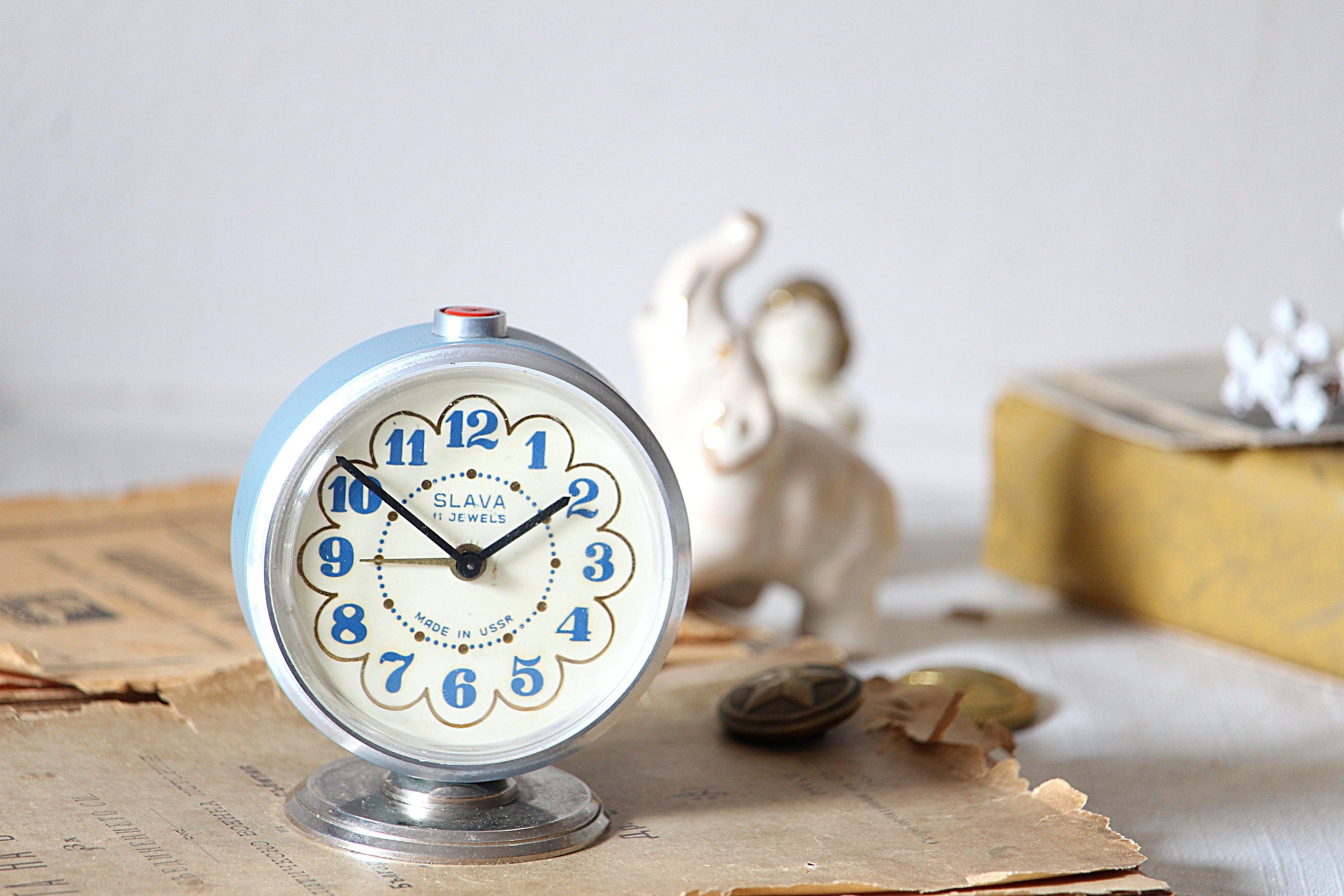 Small Soviet Clock Blue Desk Old Alarm Russian Retro Wind Up Vintage Table Rare Mechanical - Alarm Clock Retro Blue Small Soviet Clock Blue Desk Old Alarm Russian Retro Wind Up Vintage Table Rare Mechanical - Alarm Clock Retro Blue