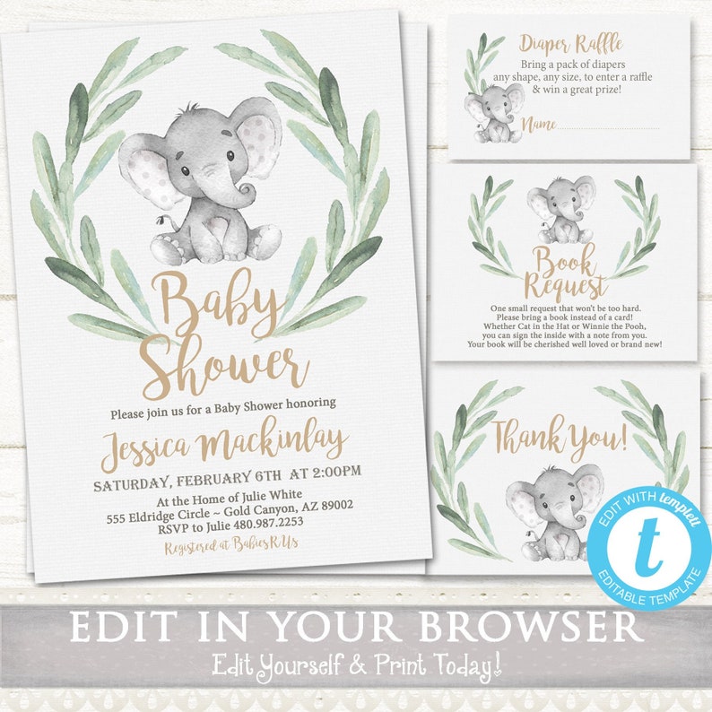 Elephant Baby Shower Invitation Kit EDITABLE Template Etsy