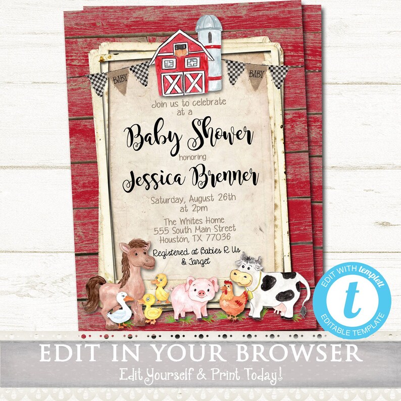 Farm Animals Baby Shower Invitation Editable Template Instant Barn Diy Edit Yourself 5x7