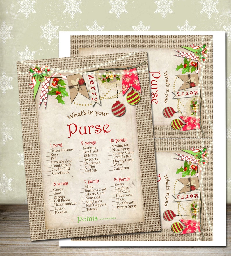 Christmas Game What's in Your Purse Game Rustic Holiday Etsy