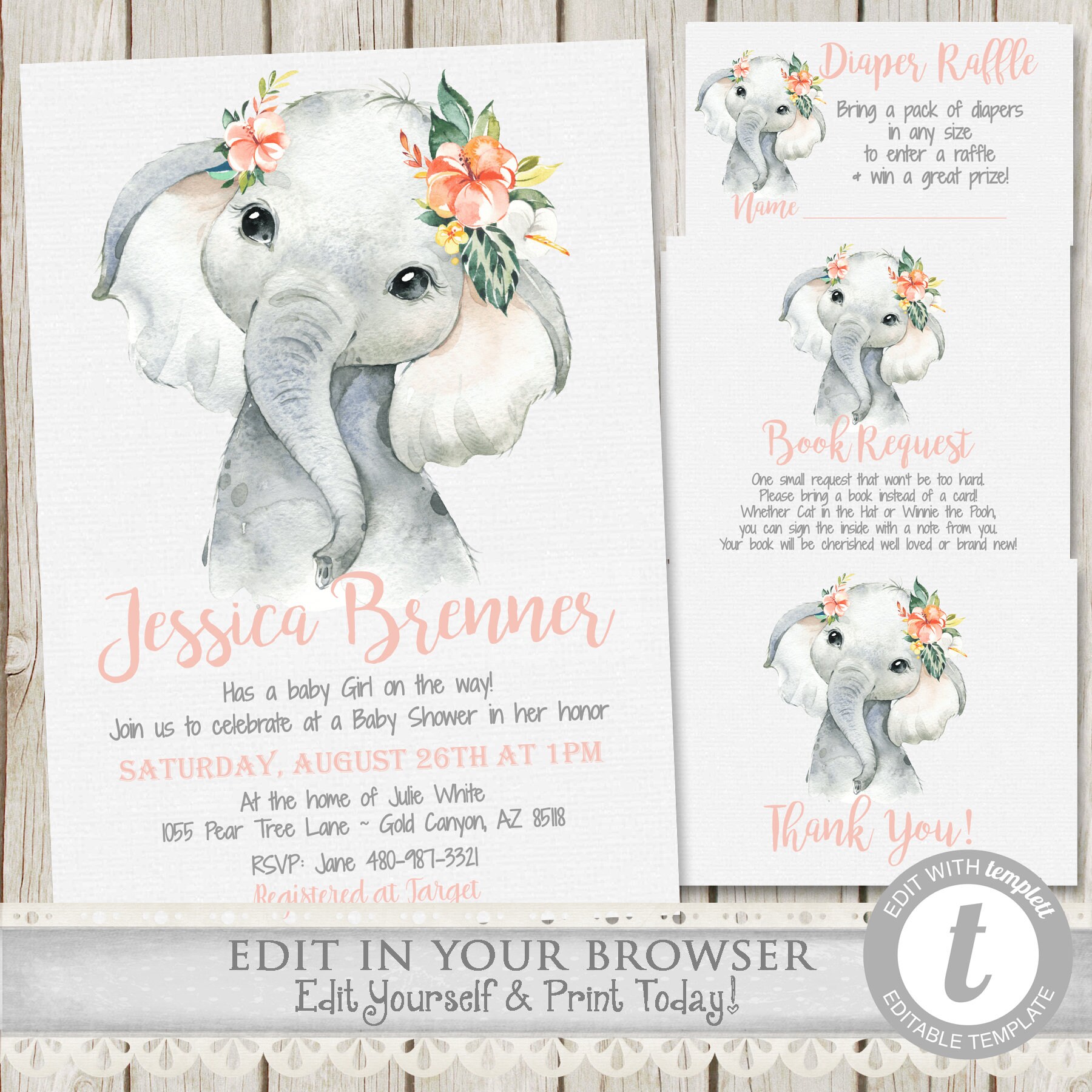 Girl Elephant Baby Shower Invitation Kit EDITABLE Template Etsy