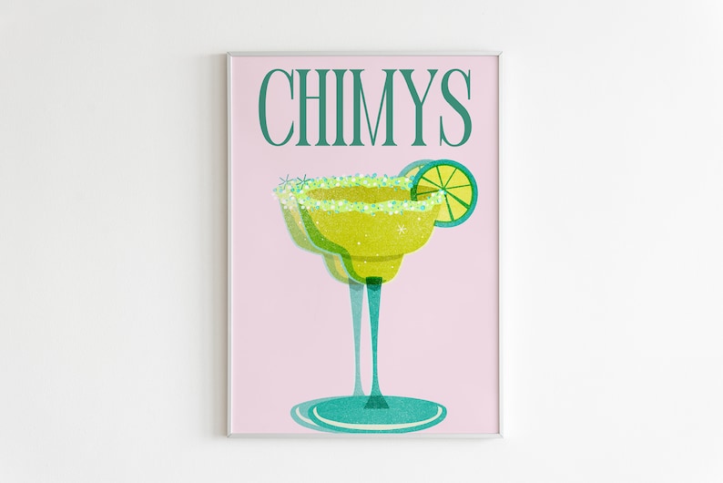 Pode incluir: Um cartaz rosa com o texto "CHIMYS" em letras verdes. Uma fatia de lim&atilde;o verde est&aacute; em cima de um copo de margarita verde e amarelo com uma borda a&ccedil;ucarada.