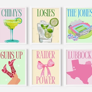May include: Six framed prints with different designs. The top row features a margarita, a mojito, and a football stadium. The bottom row features a pair of cowboy boots, a pink bow, and a map of Texas.