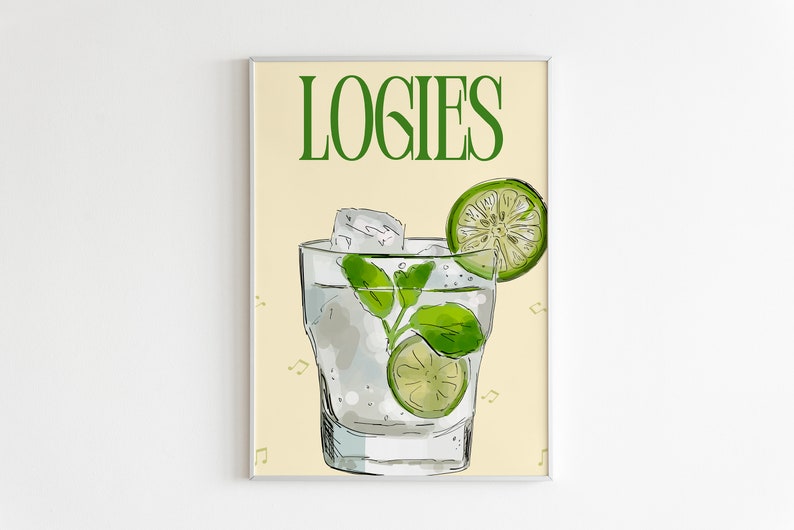 Pode incluir: Um cartaz amarelo com a palavra "LOGIES" em texto verde. Um copo de &aacute;gua com gelo, uma fatia de lim&atilde;o e folhas de hortel&atilde; &eacute; ilustrado no centro do cartaz.