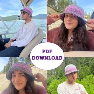 May include: A crochet pattern for a colorful bucket hat. The pattern includes instructions for making a hat with a variety of colors, including pink, purple, and gray. The pattern is available as a PDF download.