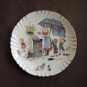 Sarreguemines U&C Antique Plate, White with Gilded Fluted/Scalloped Rim, French Food Cart Scene, &quot;Icy On Ma Pas De Bonne Friture Non C&#39;est&quot;
