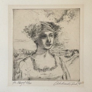 May include: A black and white etching of a woman with her hair pulled back. The woman is looking to the right of the image. The background is a landscape with a cloudy sky.