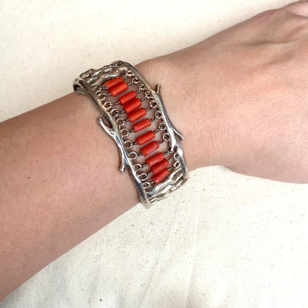 Barse Sterling and Coral Bead Cuff Bracelet