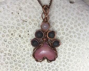 Pawprint on my Heart necklace in Pink Jasper, Lava Stone and Rose Quartz