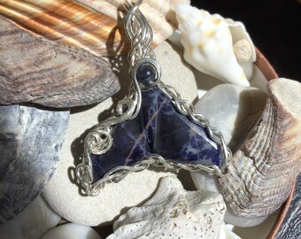 Whale tail mermaid tail sodalite and silver pendant charm necklace