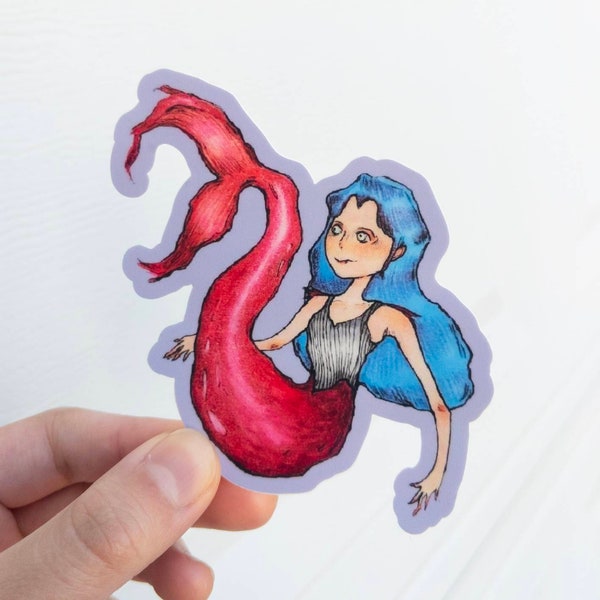 Mermaid Sticker, Whimsical Art, Siren Sticker, Die Cut Vinyl, Ocean Decal, Sea Creature Drawing, Fangs, Fantasy Art, Waterbottle Accessories