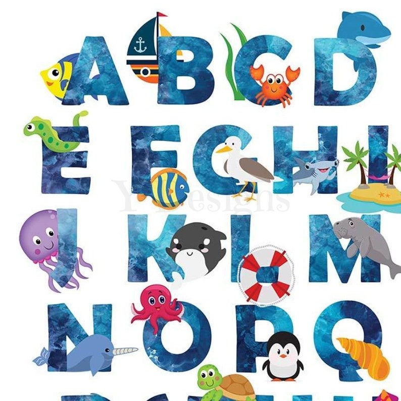 Ocean Alphabet Wall Art Digital Download – Blue Sea Life ABC Printable ...