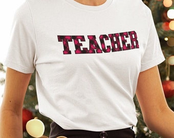 Buffalo Check Teacher Shirt, Teacher Buffalo Plaid T-Shirt, Retro Teacher TShirt, Teach X- Mas Top, Christmas Teacher Appreciation Gift Tee