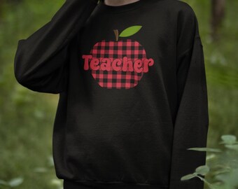 Buffalo Check Teacher Sweatshirt, Teacher Buffalo Plaid Shirt, Retro Teacher shirt, Teach X- Mas Top, Christmas Teacher Appreciation Gift
