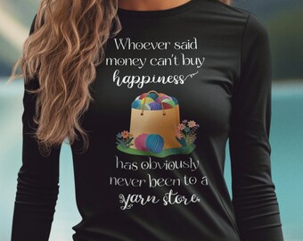 Camiseta de manga comprida para amantes de crochê e tricô, ideal para quem ama tricotar ou fazer crochê. Presente perfeito para entusiastas do tricô e crochê.