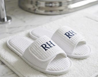 Cotton Waffle Spa Slippers, Personalized Embroidered Initials Monogram Text Custom Logo - Women Sizes S M L, Bridal Party Gift
