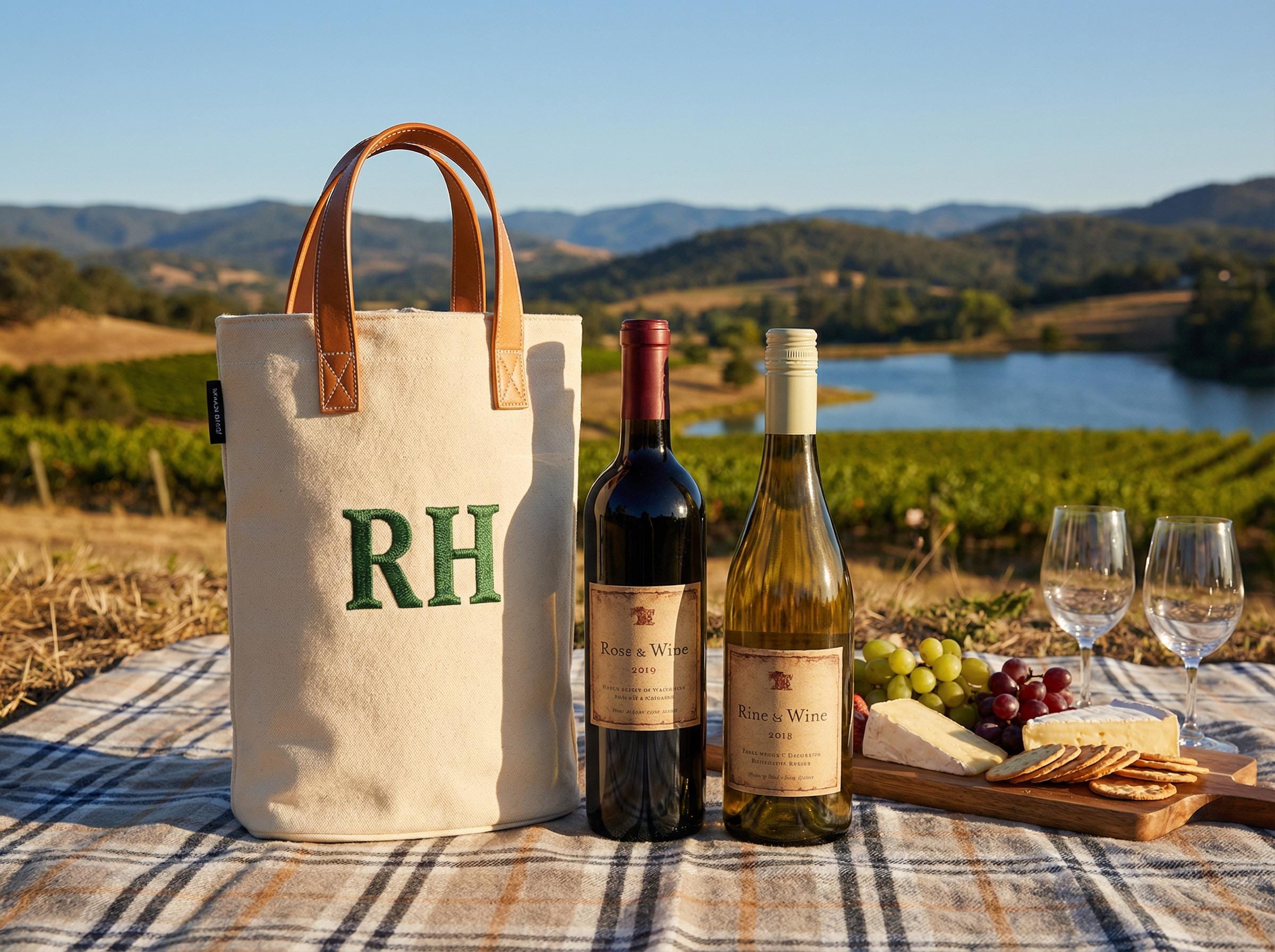 Embroidered Double Wine Carrying Case, Custom Initials Canvas Wine Tote Bag with Leather Strap, Double Bottle Carrier, Groomsman Gifts