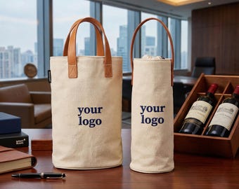 Custom Logo Wine Carrying Case, Logo Canvas Wine Tote Bag with Leather Strap, Single Bottle Carrier, Corporate Gifts