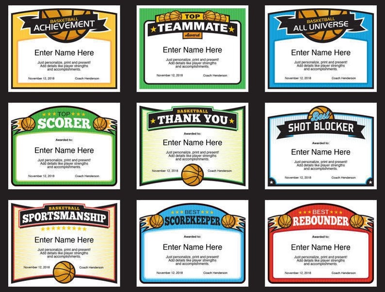 Basketball Certificates Editable 25 Award Templates Kid Certificates