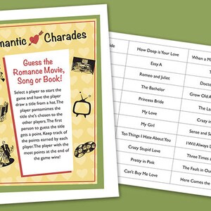 Bridal Shower Party Game - Romantic Charades - Printable PDF Download