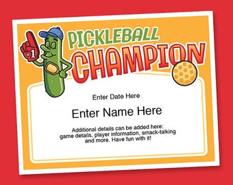 Pickleball Champion Certificate, Pickleball Tournament Award