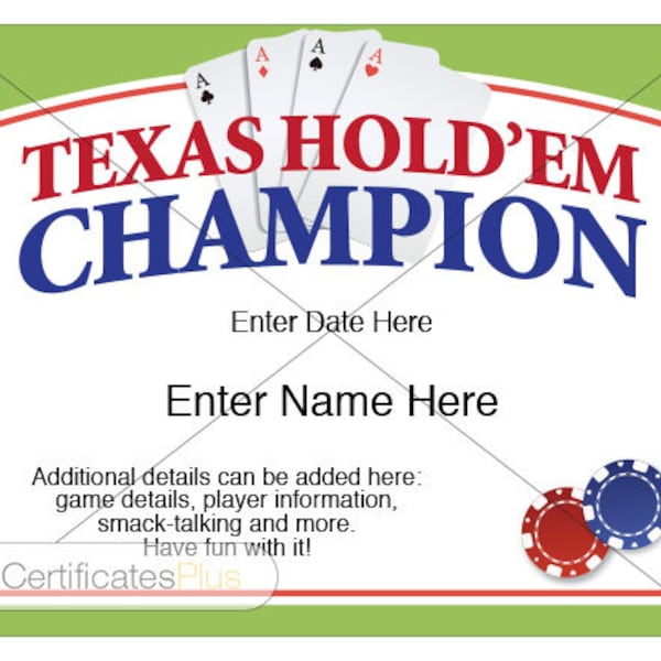 Texas Hold'em certificate, card games, Texas Hold'em, poker award, poker trophy, mens gift, father's day gift, basement games, gift, cards