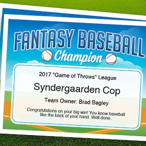 Fantasy Baseball Champion Certificate: Customizable Award (PDF)