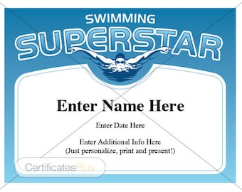Swimming Superstar Certificate: Printable Kid&#39;s Award
