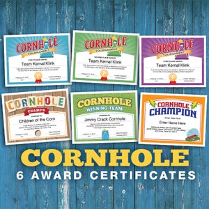 6 Cornhole Customizable Certificates, Download Printables, tournament champion certificate templates