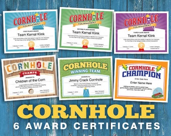 6 Cornhole anpassbare Zertifikate, Download Printables, Vorlagen für Turnier-Champion-Zertifikate
