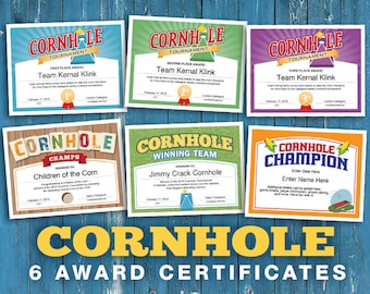 6 Cornhole anpassbare Zertifikate, Download Printables, Vorlagen für Turnier-Champion-Zertifikate