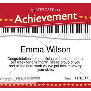 Piano Achievement Certificate, Piano Award Printables, Child ...