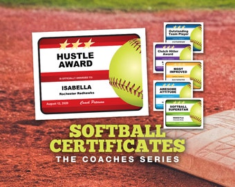 Softball Certificates - Coaches Series, Editable Softball Awards Templates, Softball Gift, Softball Coach, Softball Mom Dad