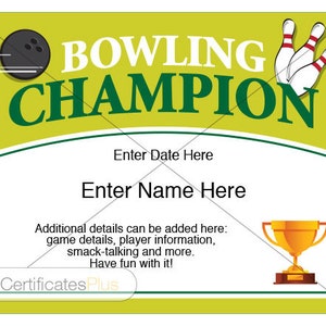 Bowling Champion Certificate Template (8.5x11&quot; Printable)