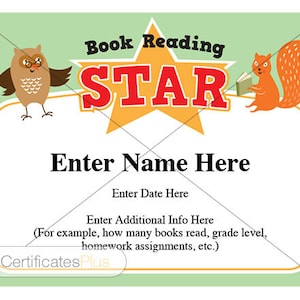 Editable Kid&#39;s Book Reading Certificate: Printable Award