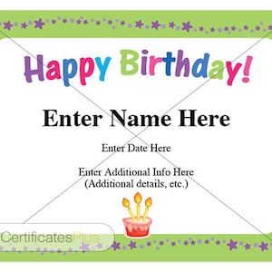 Bearbeitbares Happy Birthday-Zertifikat, Kinderzertifikate, Geburtstagskarten, Kinderzertifikate, Geburtstagswünsche, Nachrichten, Geburtstagsgrüße