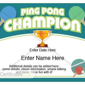 Editable Ping Pong Champion Award Certificate Template